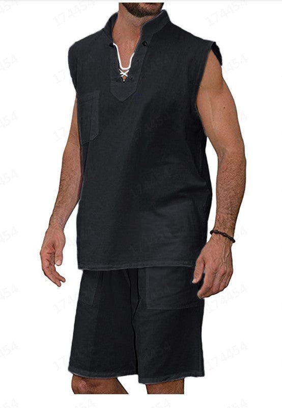 Men's Casual Solid Color Lace-Up Vest Two-Piece Set