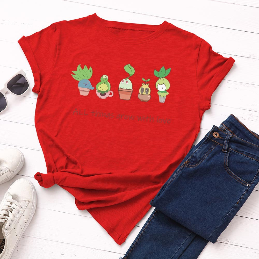Loose Round Neck Short Sleeved Cotton T-shirt Women