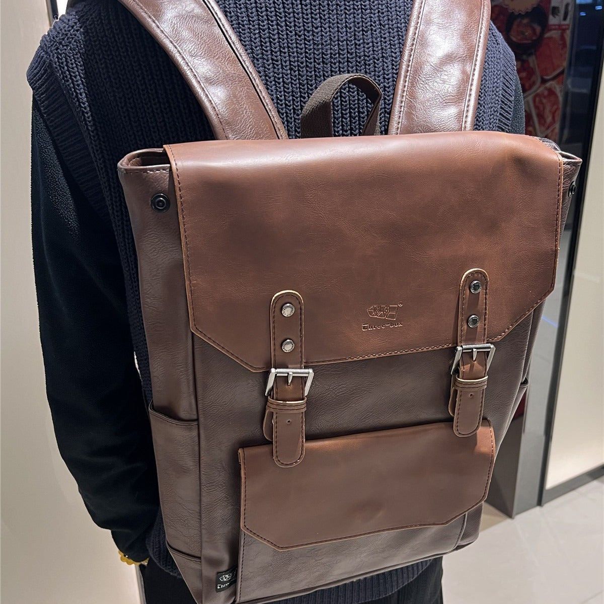 Unisex PU Solid Color College Backpack Large Capacity