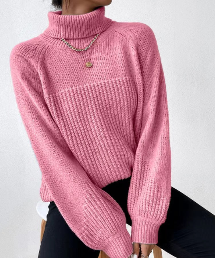 Simple Lapel Raglan Sleeves Pullover Knitted Sweater Women