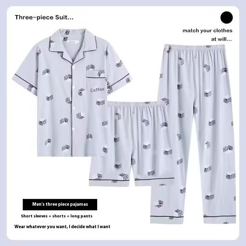 Three-piece Pajamas Men's Summer Pure Cotton Short Sleeve Trousers Suit