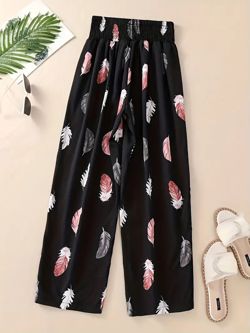 Floral Lace-Up Wide Leg Pants – Women’s Vacation Style Elastic Waist Trousers