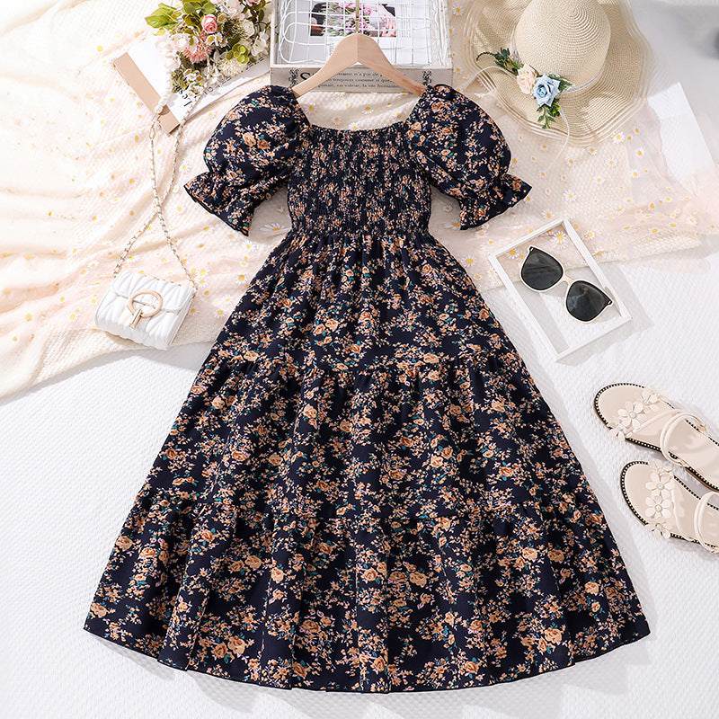 Girls Short Sleeve Cotton Blend Princess Dress Floral