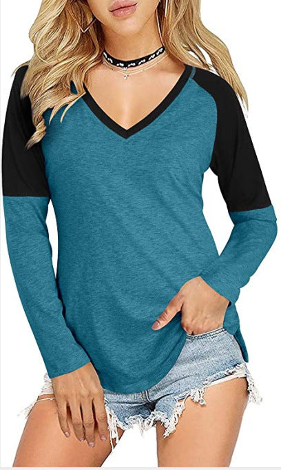 Colorblock Long-sleeved Slim T-shirt Bottoming Shirt For Women