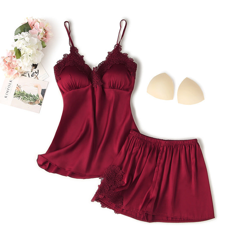 Women's Suspender Shorts Suit With Chest Pad Silk Loungewear