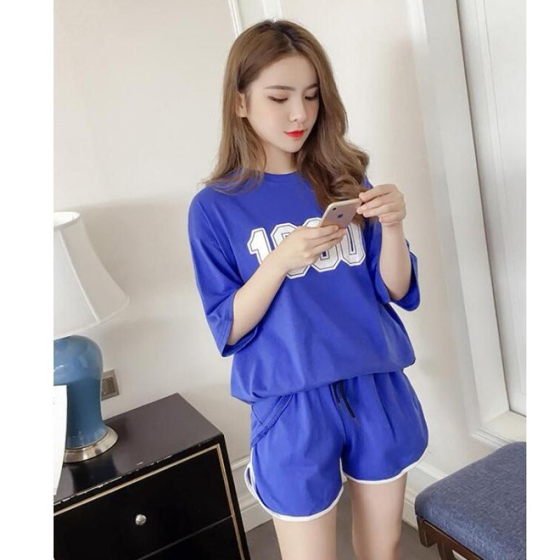 Summer Casual Sports Suit Women's Fashion Short-sleeved Wide-leg Pants Two-piece Set
