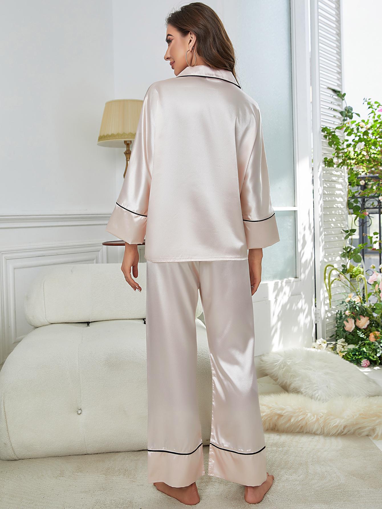 Womens Imitation Silk Pajama Set Button Up Shirt And Pants