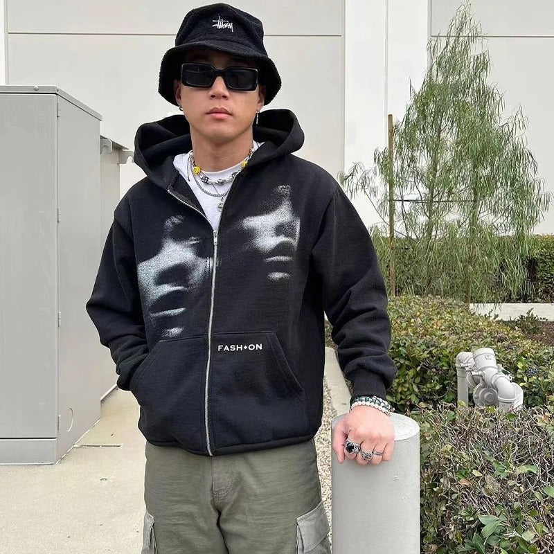 Unisex Y2K Zip Hoodie Korean Style Loose Fit Fleece