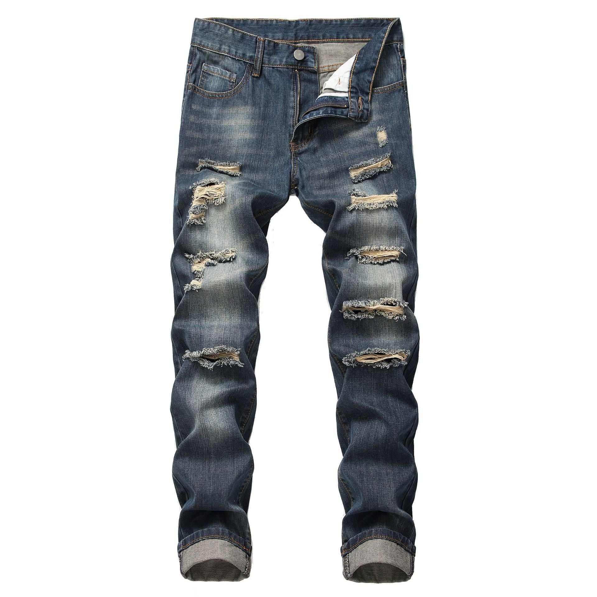 Men’s Slim Fit Ripped Jeans – Straight Non-Stretch Denim Pants