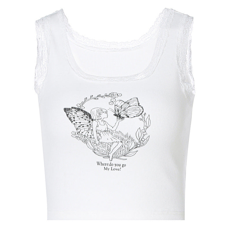 Printed Camisole Versatile Slim Fit Crop T-Shirt