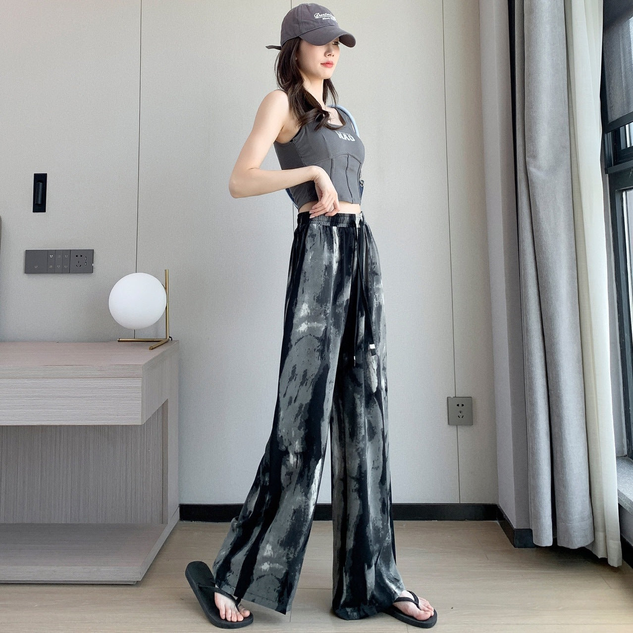 Women’s Tie-Dye Ink-Print Loose Pants – Elastic High Waist, Casual Wide-Leg