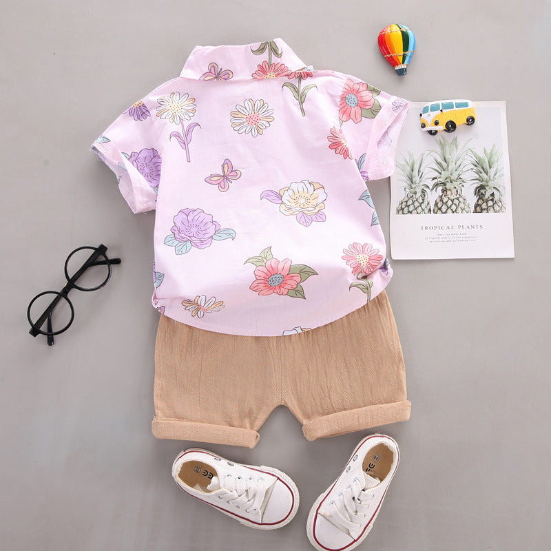 Summer Korean Style Flower Lapel Shirt Two-piece Set