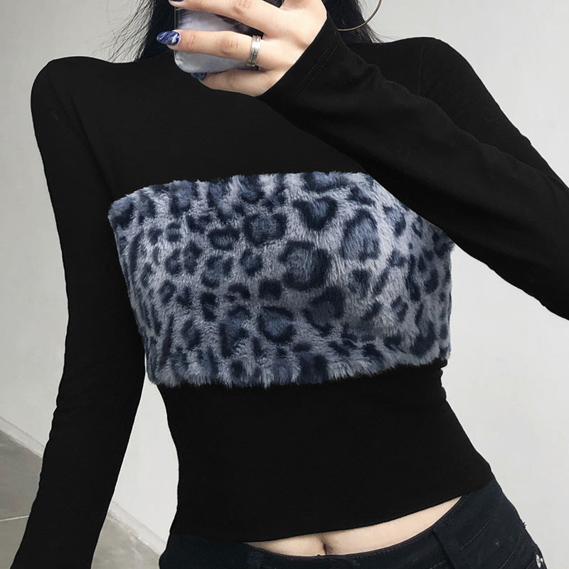Round Neck Hair Leopard Print Mosaic Slim Slim Long Sleeve T-shirt Blouse Women
