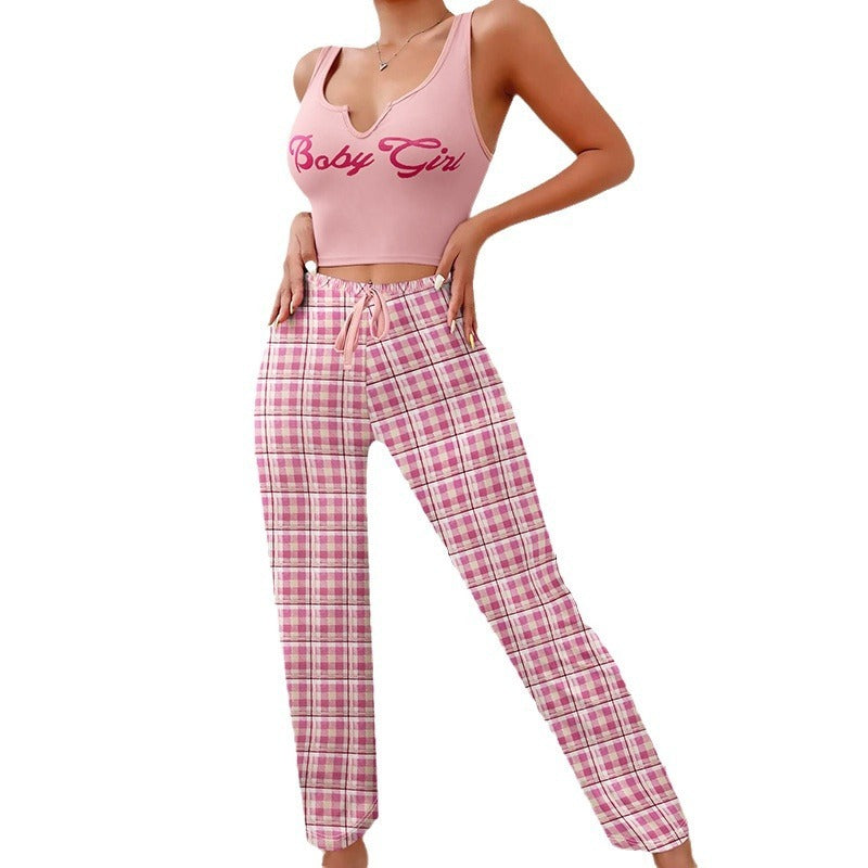 Spring Summer Women’s Casual Pajamas Set – Vest & Color-Matching Plaid Trousers