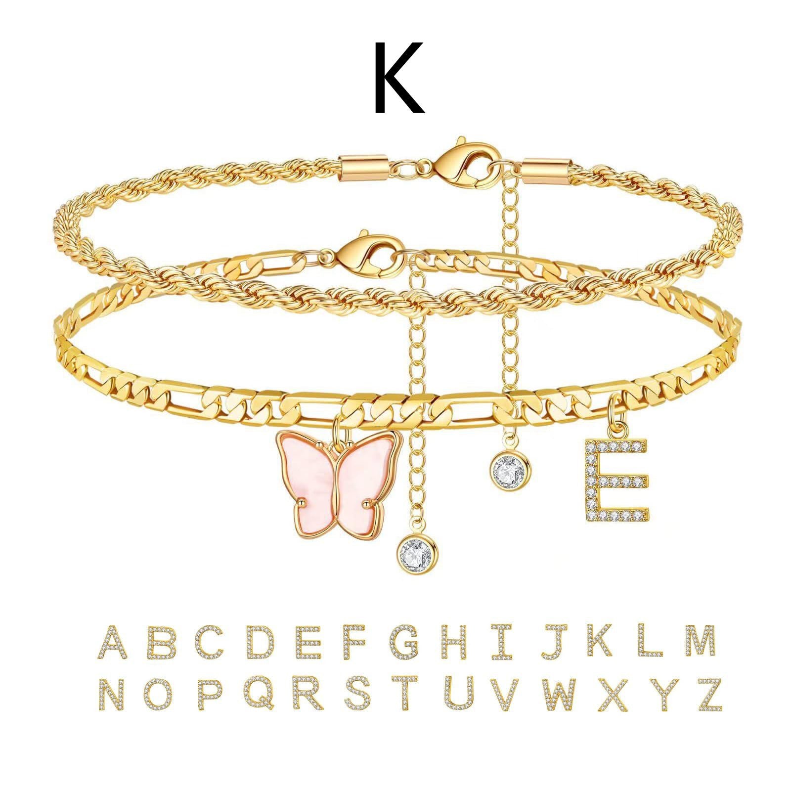 Women’s Double-Layer Stainless Steel Butterfly Letter Stack Anklets