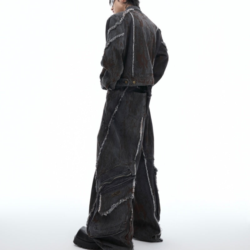 Raw Edge Splash-dyeing Distressed Padded Shoulder Denim Coat