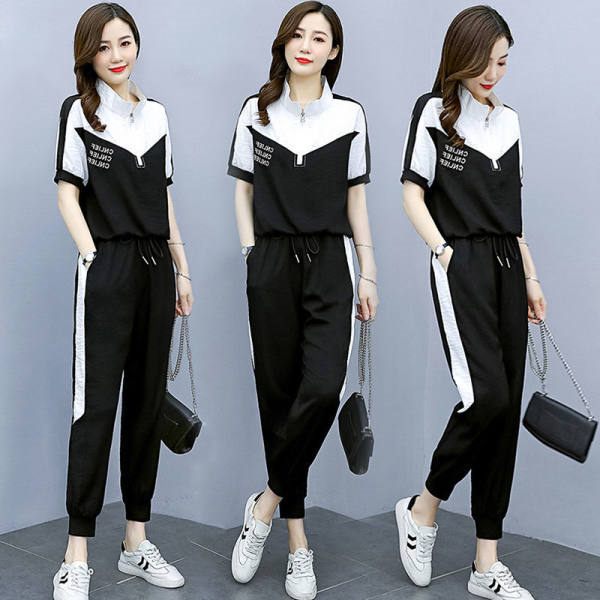 Fashion Color Contrast Stitching Suit Leisure Sports Age Reduction Two-piece Female