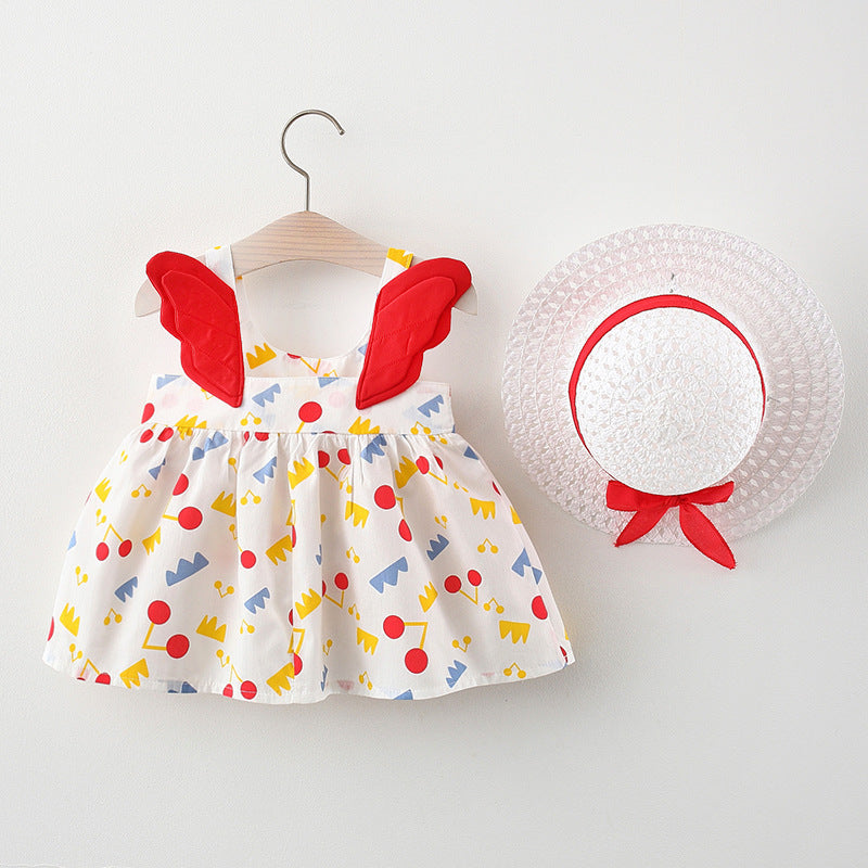 Summer New Girl's Big Dot Wings Princess Dress Hat Beach Dress