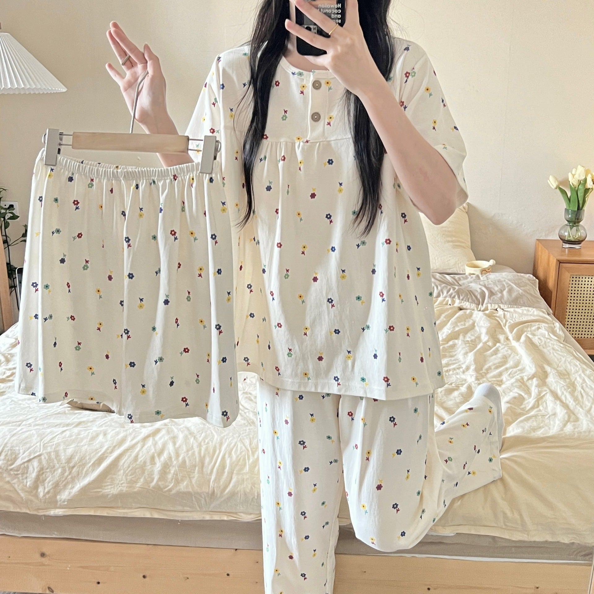 Cotton Three-piece Pajamas For Women Spring And Summer