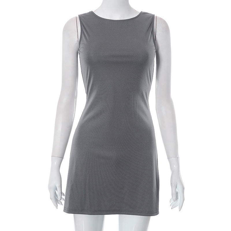 Women's Summer Solid Color Round Neck Sleeveless Stitching Hip Casual Dress