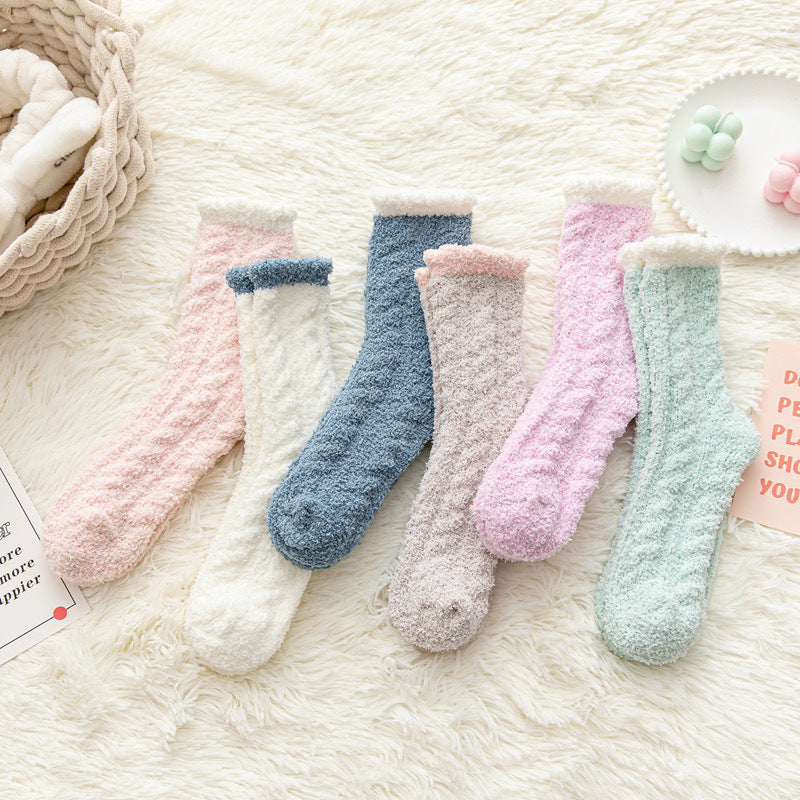 Thickened Thermal Coral Fleece Twist Women's Socks Pile Style Middle Tube