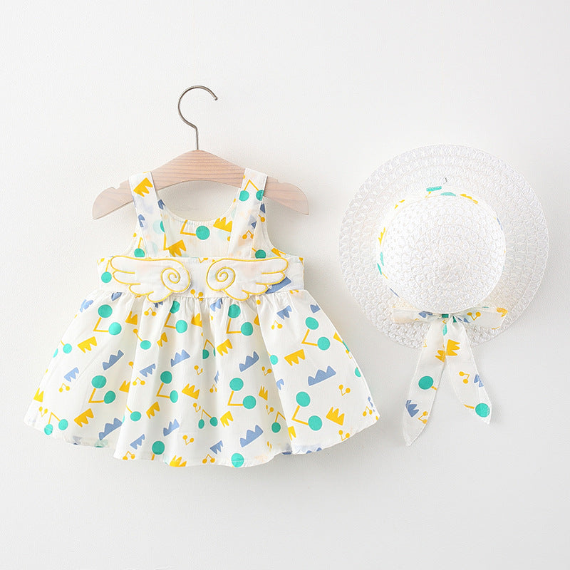 Summer New Girl's Big Dot Wings Princess Dress Hat Beach Dress