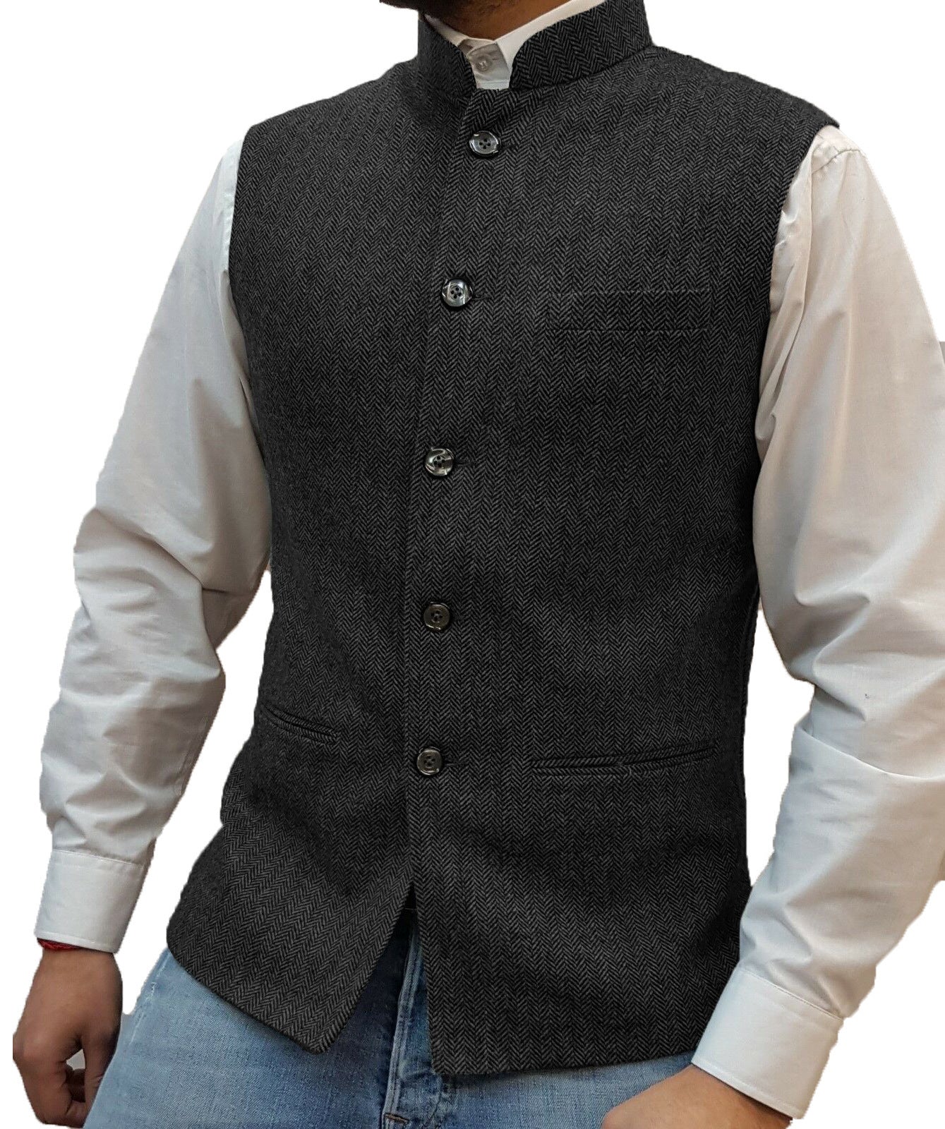 Men's Herringbone Polyester Zhongshan Collar Vest Pattern