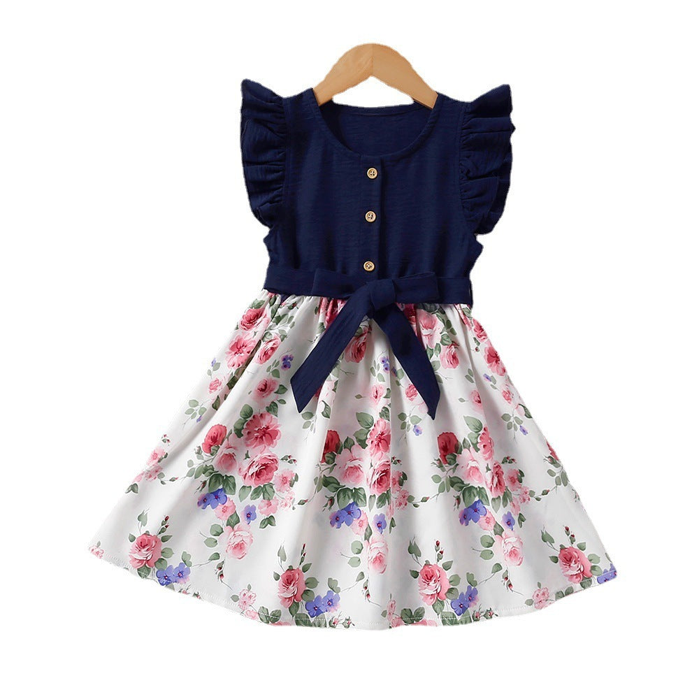 Children's Summer Spring And Summer Lace Sleeve Floral Princess Dress Free Lace-up