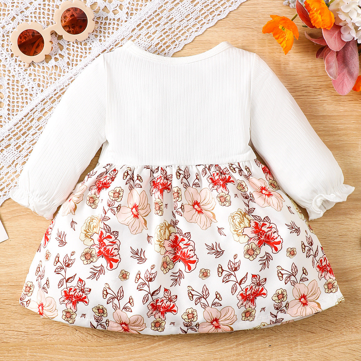 European And American Autumn And Winter Floral Bow Long Sleeve Dress