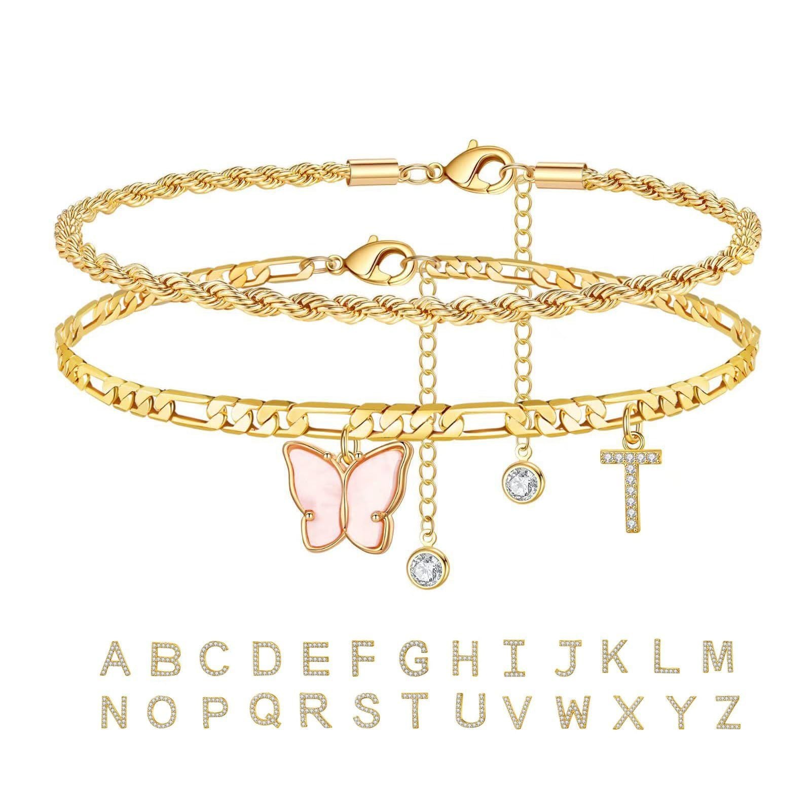 Women’s Double-Layer Stainless Steel Butterfly Letter Stack Anklets
