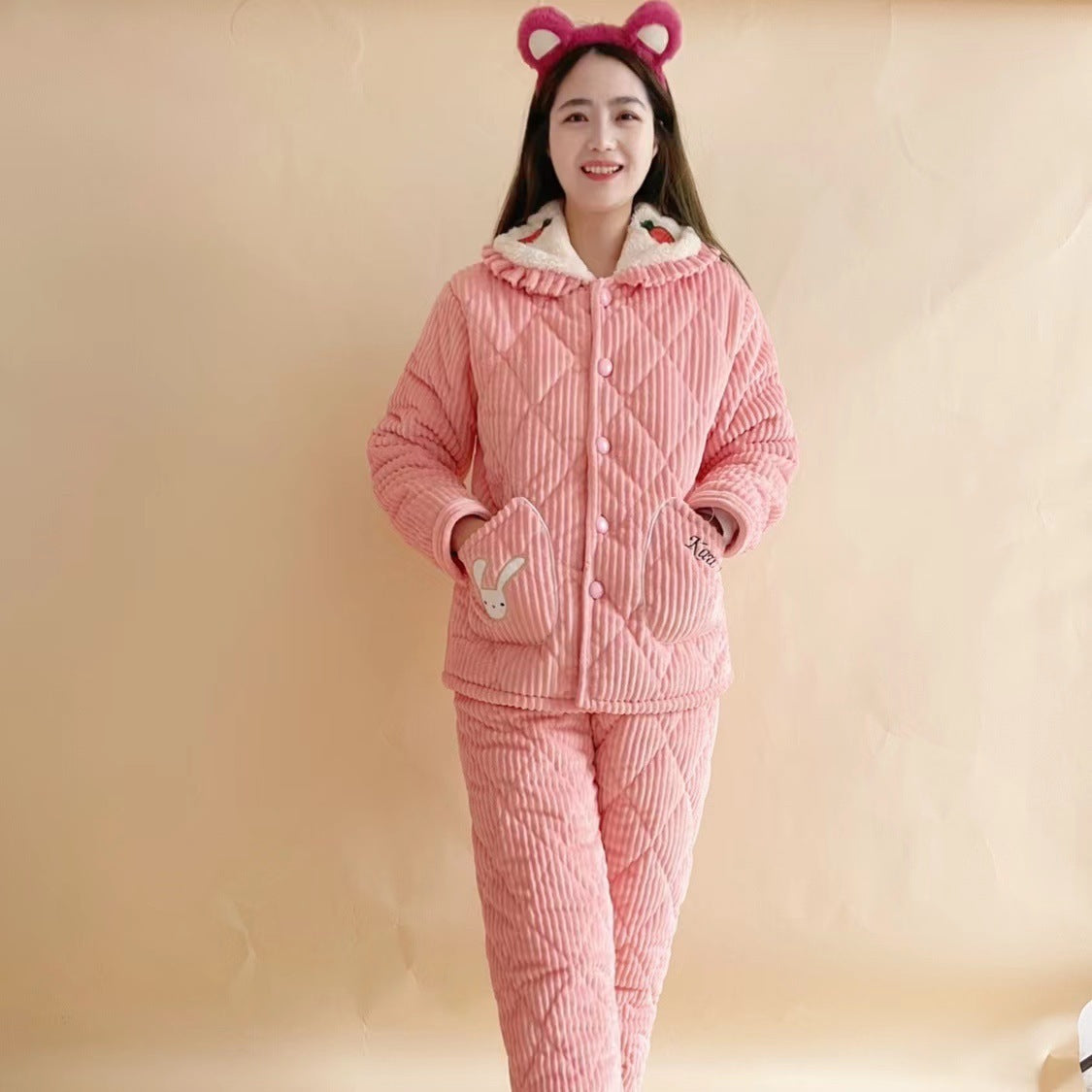 Women's Fashion Coral Fleece Three-layer Thickened Fleece-lined Warm Loungewear