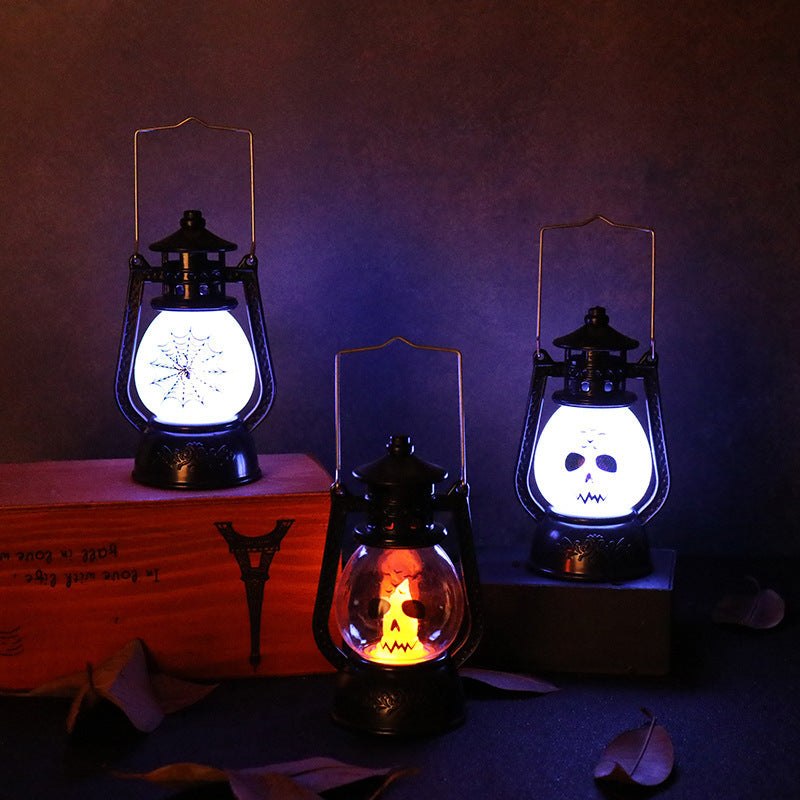 Halloween Vintage LED Lantern – Hanging Portable Ghost Spider Night Light for Haunted House and Party Decor