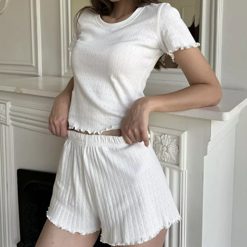Jacquard Wooden Ear Slim Round Neck Short Sleeve Shorts Two-piece Set