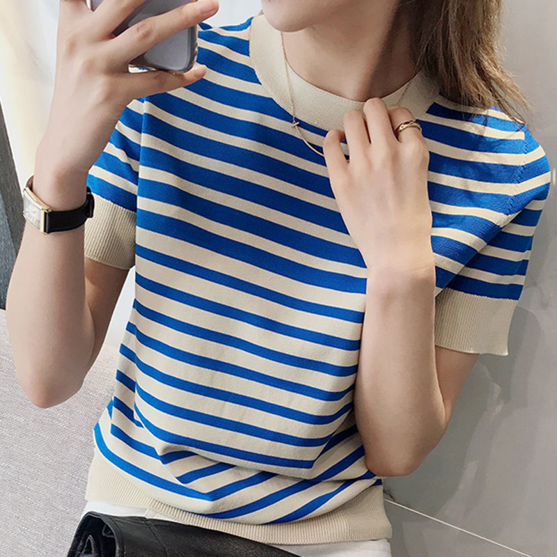Ice Silk Sweater New Loose Round Neck Striped T-shirt Top Women