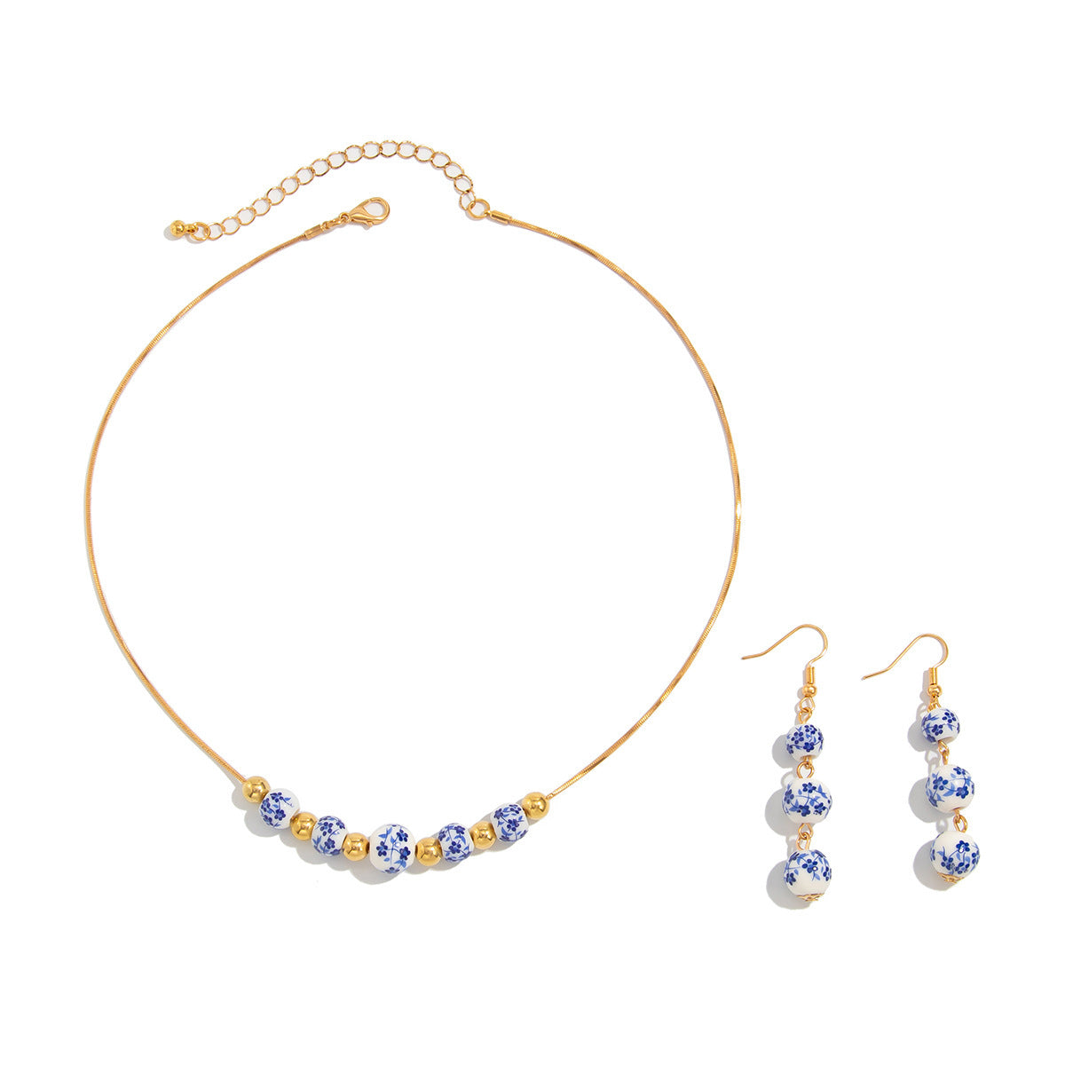 Blue And White Porcelain Round Beads Tassel Necklace Simple All-match Flower Earrings