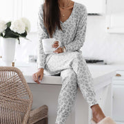 Womens Leopard Print Pajama Set Relaxed Fit Polyester