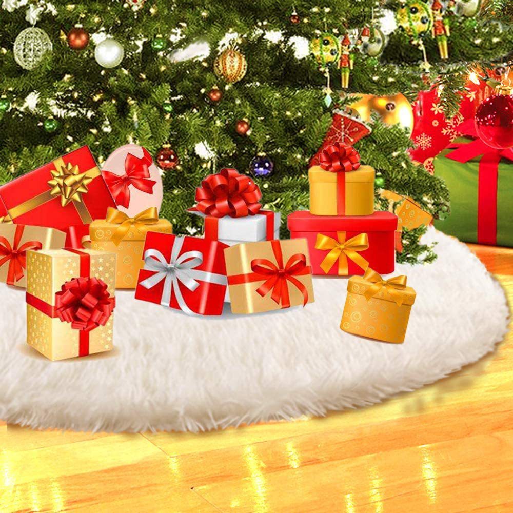 White Faux Fur Christmas Tree Skirt Plush Holiday Decoration