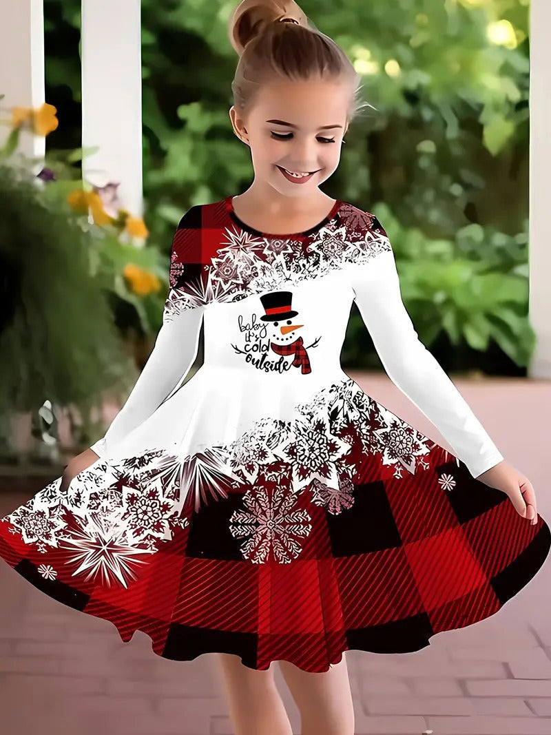 Girl's Long-sleeved Dress Christmas Deer
