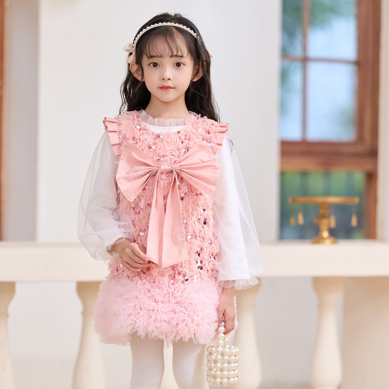 Girls' Wadding Sequined Bow Vest Dress