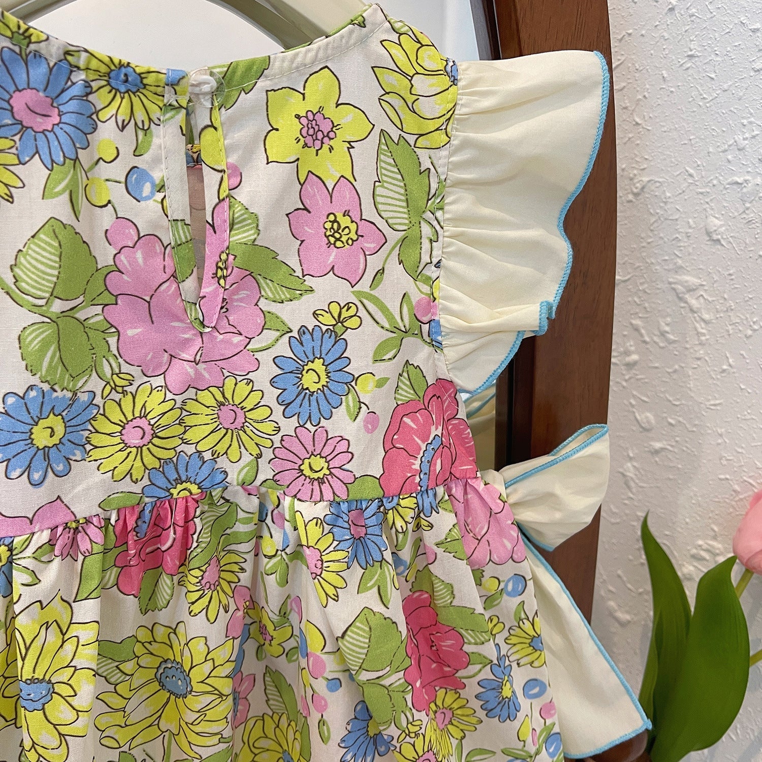 Girls Cotton Flounced Dress Korean Style Floral Bow
