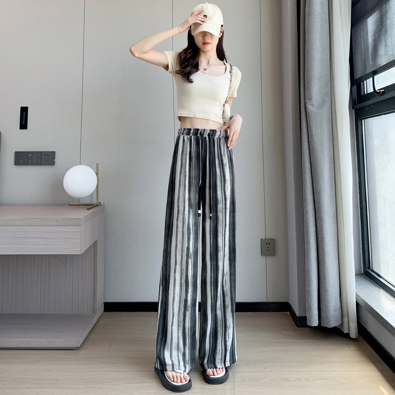 Women’s Tie-Dye Ink-Print Loose Pants – Elastic High Waist, Casual Wide-Leg