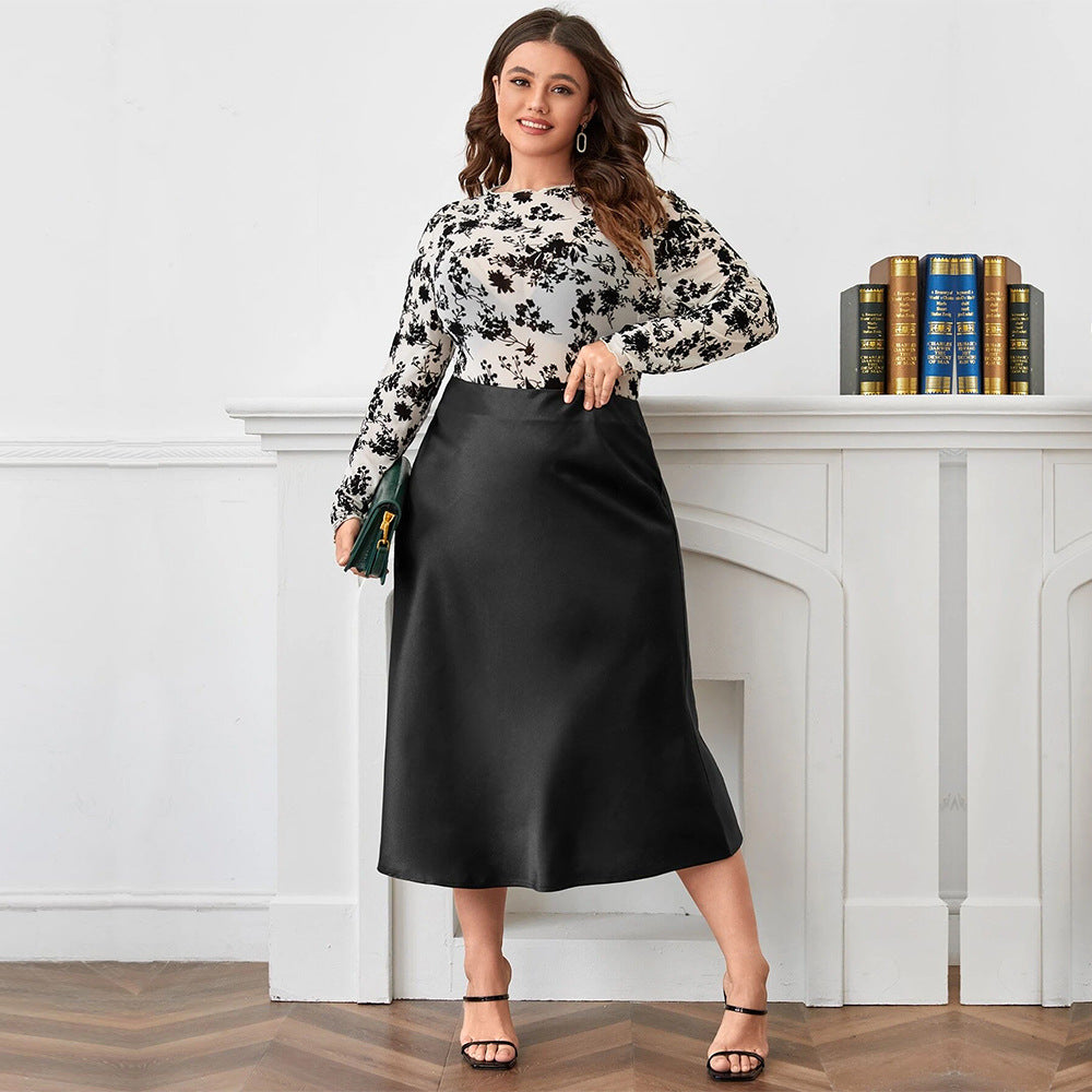 Plus Size Satin A-Line Skirt – Elegant Collage Stitch Design