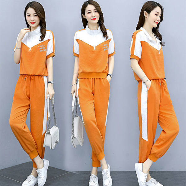 Fashion Color Contrast Stitching Suit Leisure Sports Age Reduction Two-piece Female