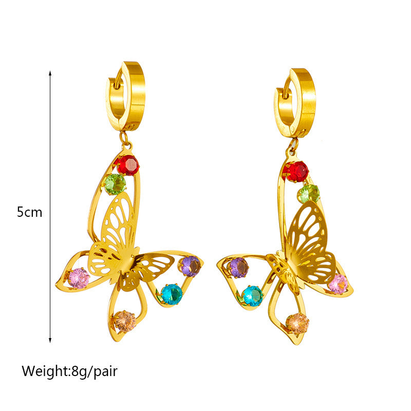 Titanium Steel Hollow Jeweled Butterfly Earrings