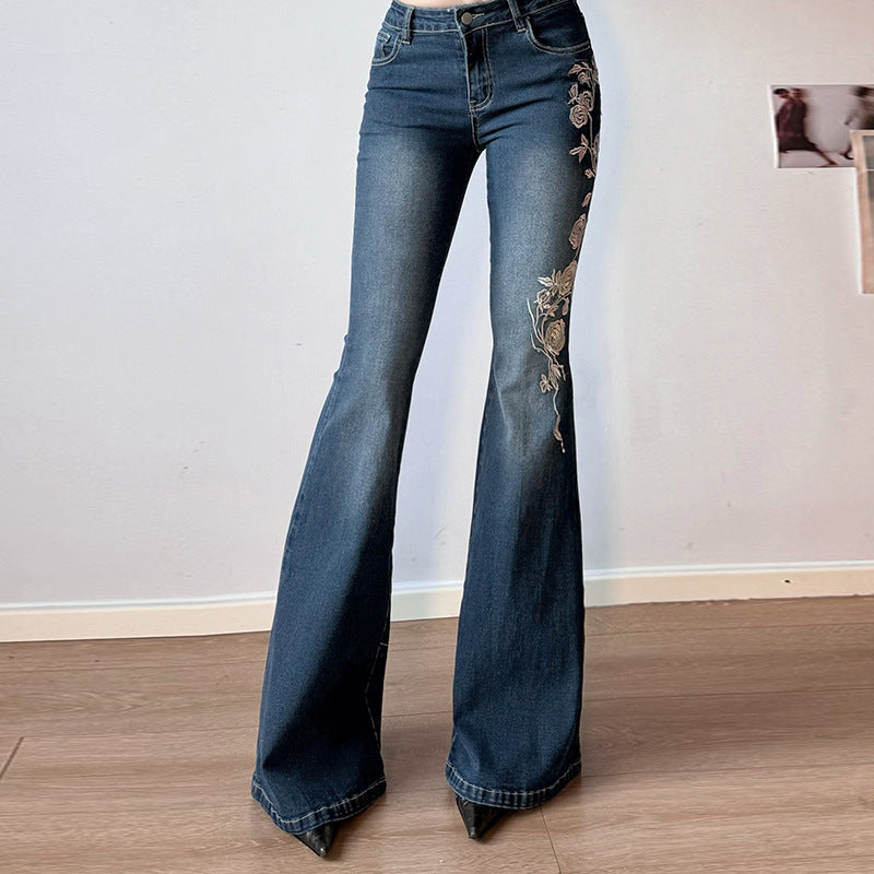 Womens Rose Embroidered Flared Jeans Cotton Street Chic