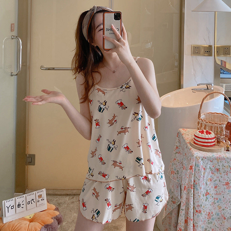 Women's Fashion Simple Camisole Homewear Pajamas Two-piece Set