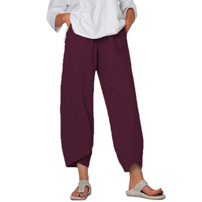 Women’s Cotton & Linen Wide-Leg Pants – Solid Color High-Waist Loose Casual Trousers