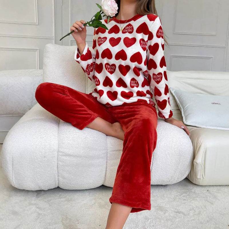 Unisex Flannel Pajama Set Thickened Red Polyester Sleepwear
