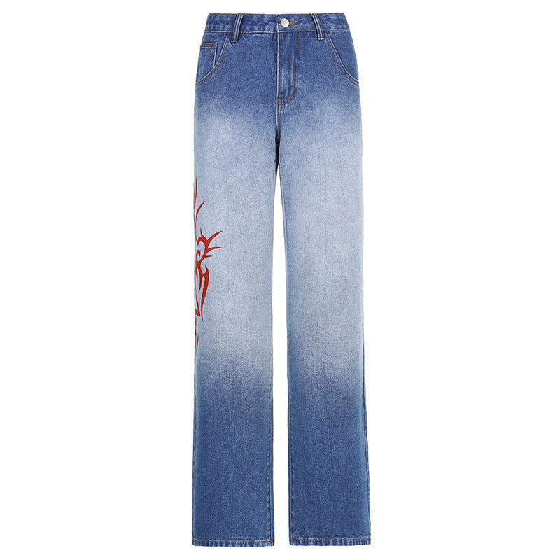 Retro Gradient Printed Washed Skinny Jeans – Women's Straight-Leg Denim Pants