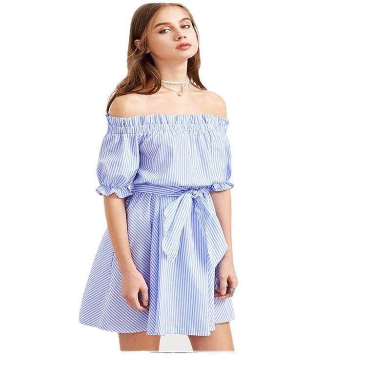 Women's Off Neck Striped Cotton Blend A Line Midi Dress
